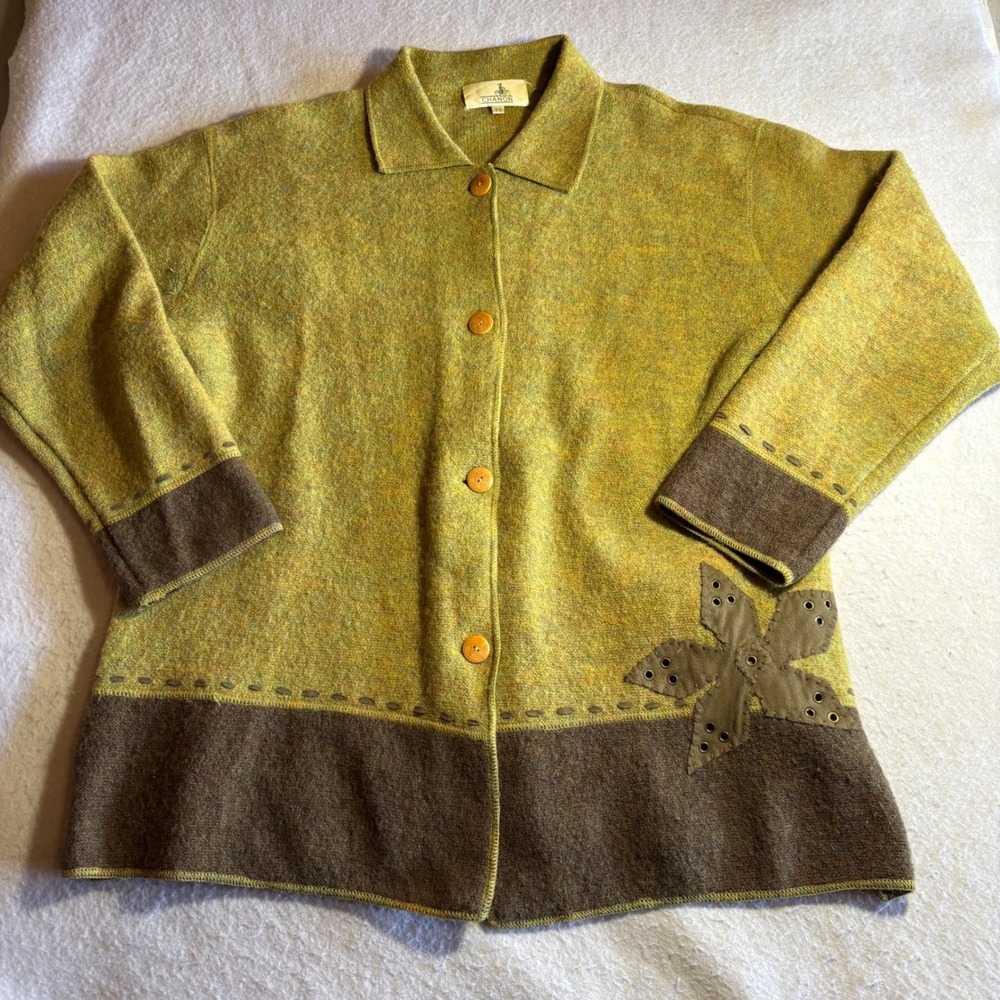 Chanon France Women T2 Chartreuse Wool Button Front Cardigan Jacket Flower Large